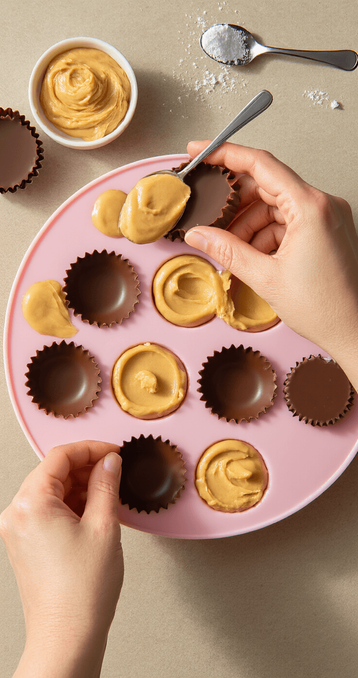 Keto Chocolade-Pindakaas Cups Bovenaanzicht van handen die voorzichtig romige pindakaasvulling in deels opgerichte chocolade cups in roze siliconen vormen scheppen, met een gouden-beige mengsel dat mooi contrasteert tegen de donkere chocoladebasis.