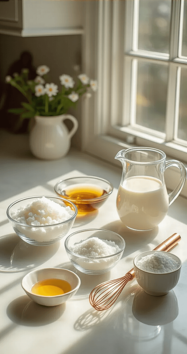 Keto Vanillepudding: Romig, Suikervrij en Klaar in 10 Minuten Overhead view of a pristine white marble kitchen counter with glass bowls of erythritol crystals, golden vanilla extract, fresh heavy cream in a crystal pitcher, and powdered gelatin in a porcelain ramekin, accompanied by a copper whisk, set in a subtly blurred modern Dutch kitchen.