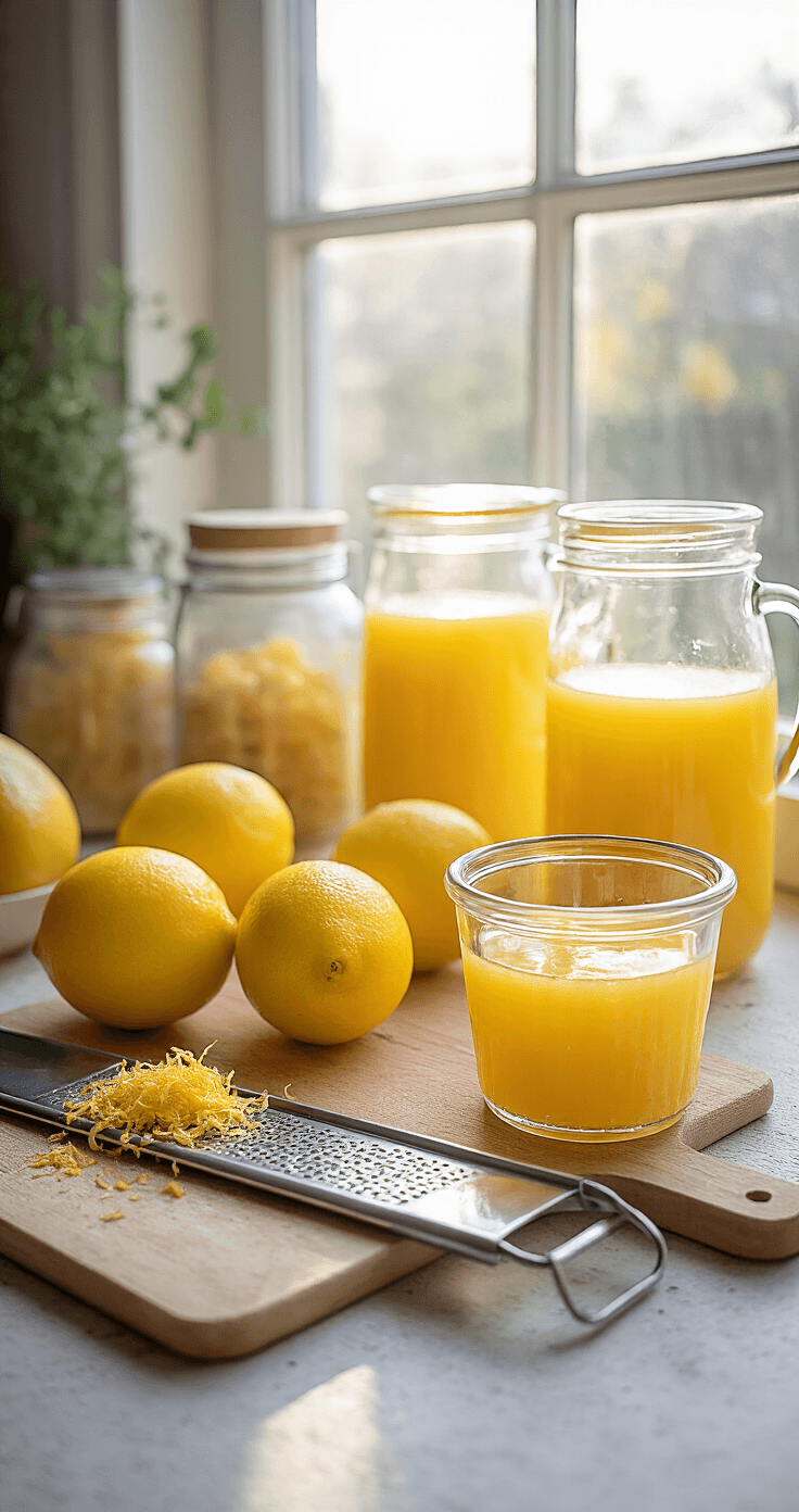 Keto Citroen Muffins: Luchtig, Fris en Zonder Suiker Een warme keukentafel met verse ingrediënten voor keto citroenmuffins: glanzende citroenen, microplane rasp, glazen maatbeker met citroensap, potten met amandelmeel en kokosbloem, een houten lepel bij roomkaas en eieren in een mandje. Zacht ochtendlicht en bokeh effect creëren een huiselijke sfeer.