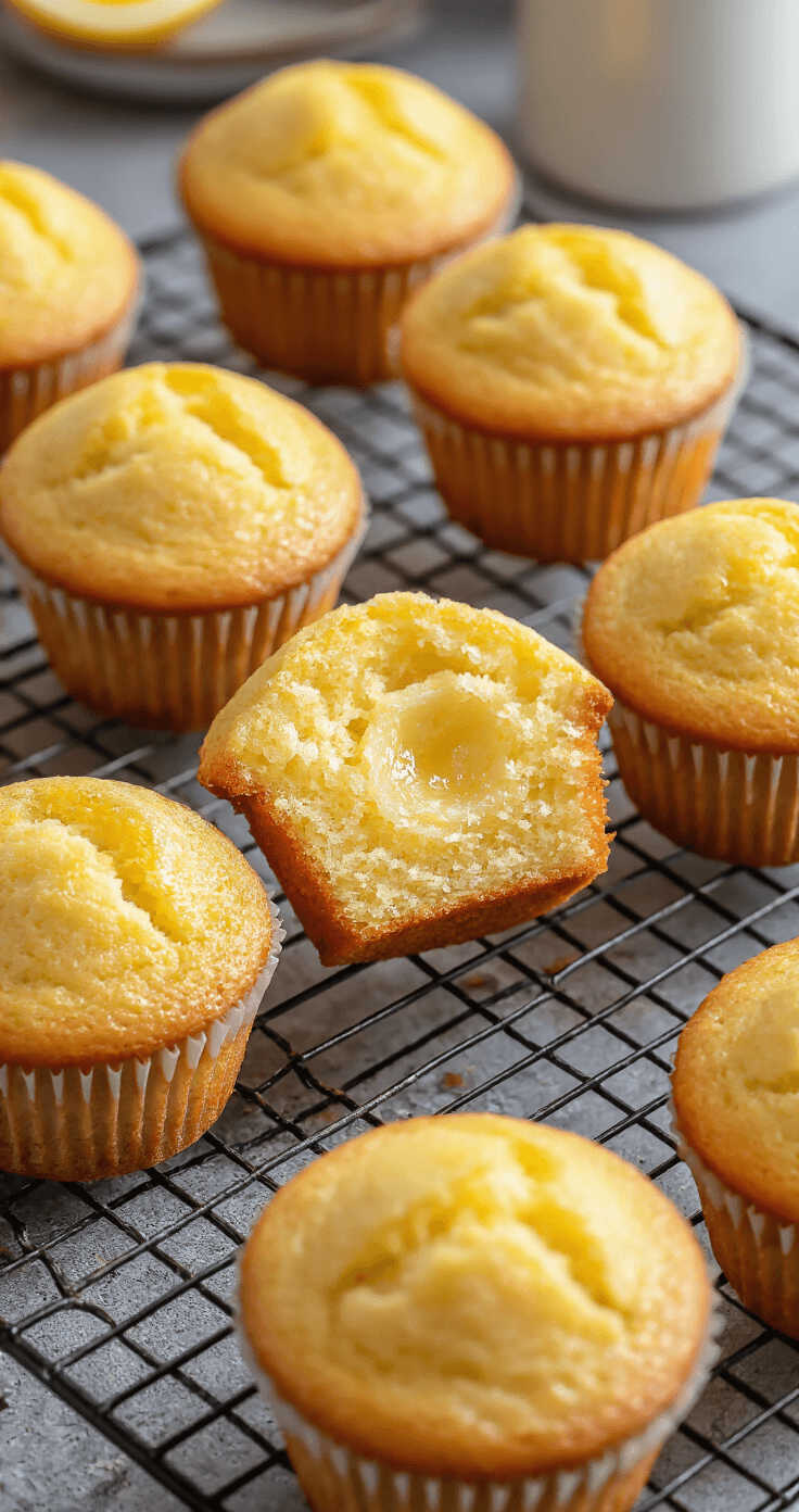 Keto Citroen Muffins: Luchtig, Fris en Zonder Suiker Twaalf goudbruine keto citroenmuffins op een vintage afkoelrek, met stoom en glanzend citroenglaasje, een doormidden gebroken muffin en een zilveren vork met kruimels op een wit linnen servet.