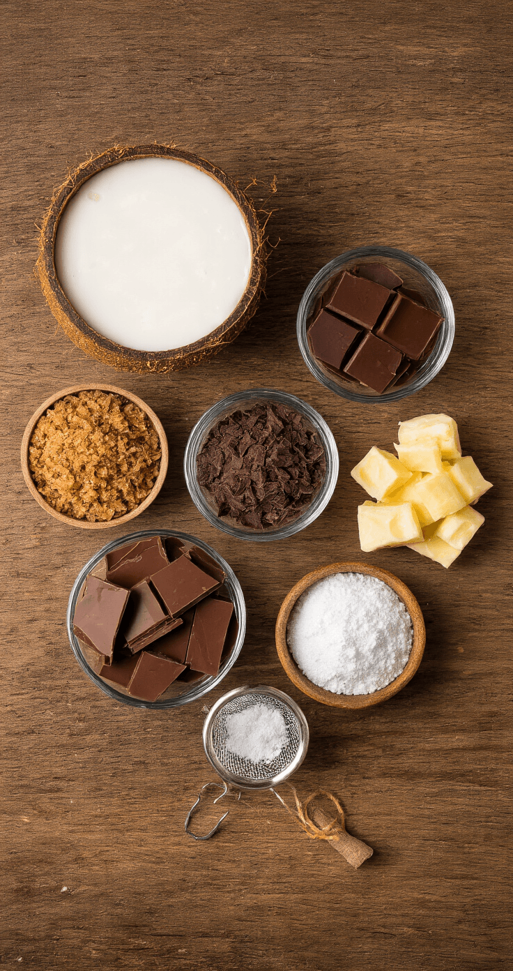 Keto Kokos Fudge – Suikervrij, Romig en Klaar in 30 Minuten Bovenaanzicht van een rustiek houten aanrecht met ingrediënten voor keto kokos fudge: een geopend blik dikke kokosmelk, gehakte donkere chocolade, poedersuiker van erythritol, gouden kokosvlokken, vanille-extract in een amber flesje, en grove zeezoutkristallen, verlicht door warm natuurlijk licht.