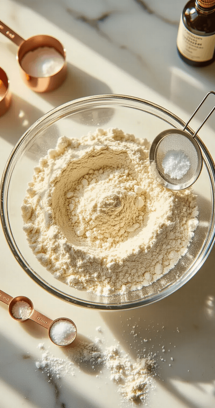 Keto Aardbeien Shortcake: Het Perfecte Zomerdessert Zonder Suiker Close-up overhead shot van een glazen mengkom gevuld met fijn gezeefd amandelmeel, met delicate pieken en valleien, naast een fijnmazige zeef bestoven met meelresten. Gouden middagzonlicht stroomt door een keukenraam en werpt dramatische schaduwen over het poederige oppervlak. Zeezoutkristallen glinsteren als kleine diamanten, terwijl maatlepels met bakpoeder cirkelvormige indrukken achterlaten. Het marmeren aanrecht toont sporen van meelstof, en een digitale keukenweegschaal geeft nauwkeurige metingen weer. Zachte bokeh op de achtergrond onthult koperen maatbekers en een fles vanille-extract, wat warme amber tonen creëert. De scène vangt de precieze, methodische aard van de keto-bakvoorbereiding met professionele culinaire fotografie-belichting.