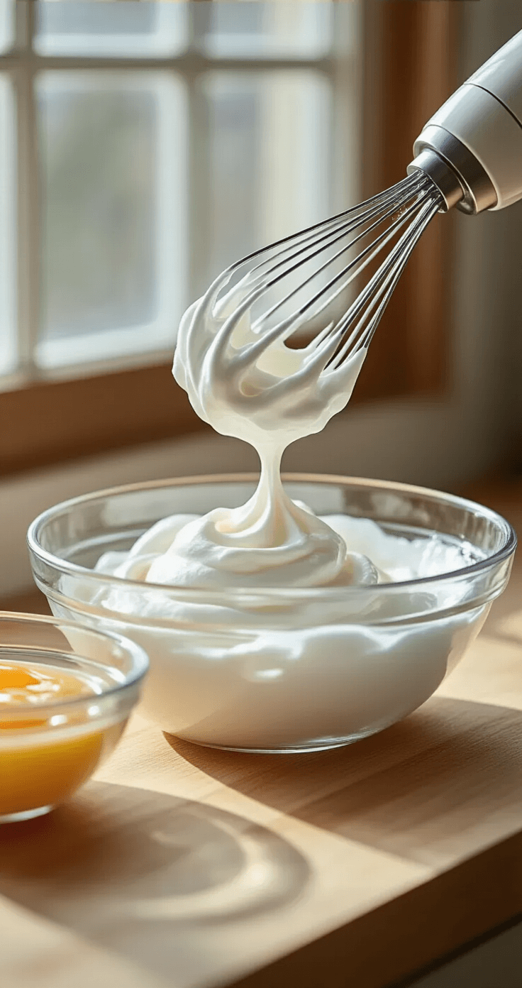 Keto Kokos Cupcakes: Laagkoolhydraat Hemels Gebak Close-up van luchtige eiwitroom met stijve pieken, opgetild door roestvrijstalen garde. Natuurlijke ochtendlichting accentueert de glanzende textuur, met een wazige achtergrond van een houten aanrecht en gescheiden eidooiers in een glazen kom.