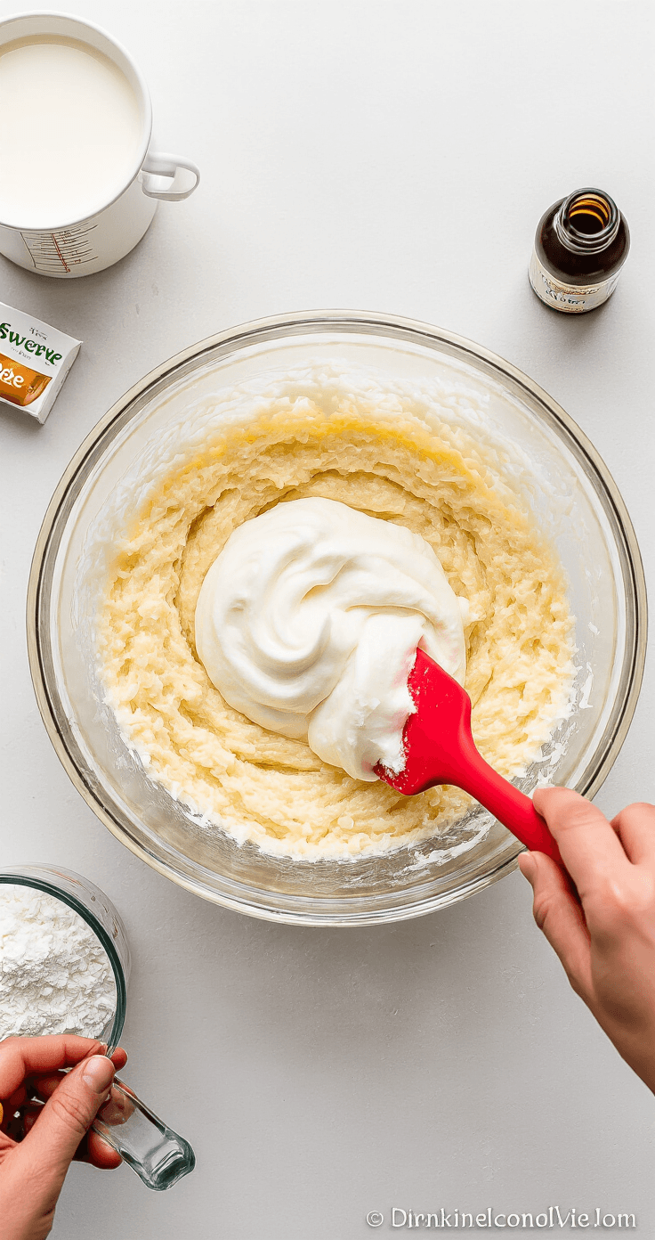 Keto Kokos Cupcakes: Laagkoolhydraat Hemels Gebak Bovenaanzicht van handen die luchtig eiwit schuim voorzichtig vouwen in een licht gouden amandelmeelbeslag met een rode siliconen spatel, waarbij marmerachtige patronen ontstaan. Kokosvlokken zijn zichtbaar in het mengsel, en een glazen mengkom toont het contrast tussen de dichte basis en het luchtige meringue. Zacht bovenlicht benadrukt de textuurverschillen. Op het aanrecht staan ingrediënten klaar: maatbekers met kokosmelk, een fles vanille-extract en een pakket Swerve zoetstof. Het vouwen wordt in beweging vastgelegd, waardoor de zorgvuldige incorporatietechniek zichtbaar is die luchtbellen behoudt voor de perfecte keto kokos cupcake textuur.