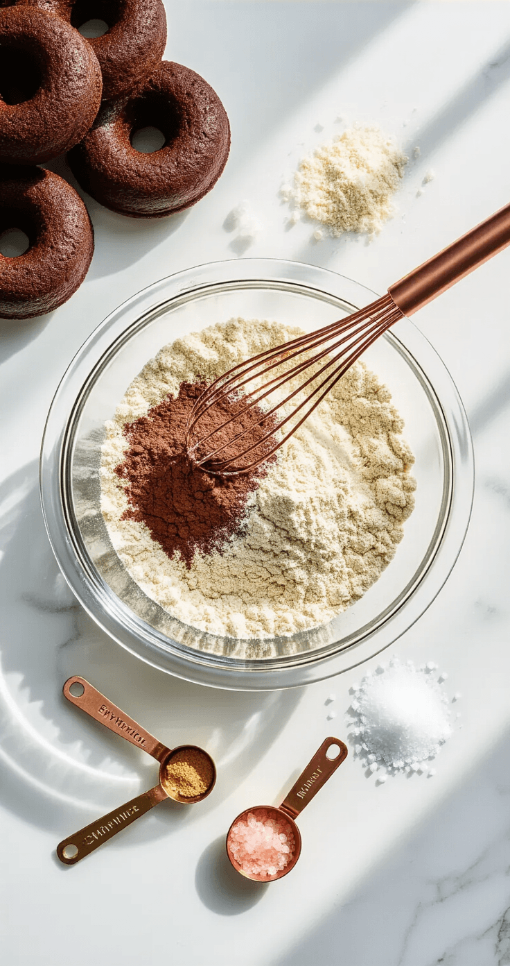 Keto Chocolade Donuts – Laagkoolhydraat en Onweerstaanbaar Lekker Bovenaanzicht van een witte marmeren keuken met fijn amandelmeel en cacaopoeder in een glazen mengkom, omringd door sprankelende erythritolkristallen en een vintage koperen garde, terwijl de natuurlijke ochtendlichtschaduwen het bakproces van keto-chocoladedonuts vastleggen.