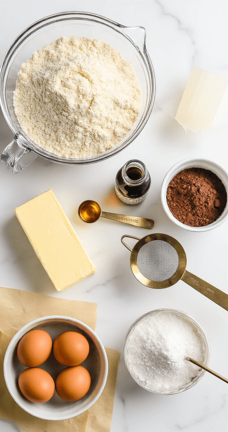 Keto Chocolate Swirl Cake: Marmercake Zonder Suiker Die Je Nóóit Meer Wilt Missen Bovenaanzicht van een witte marmeren aanrecht, bezaaid met keto-bakbenodigdheden voor marmercake. Amandelmeel in een glazen maatbeker vangt het warme licht. Erythritol-kristallen glinsteren in een porseleinen schotel. Vier bruine eieren, Europese boter, een vintage zeef met cacaopoeder en een flesje pure vanille-extract zijn harmonieus gerangschikt. Het geheel roept een gevoel van anticipatie op.