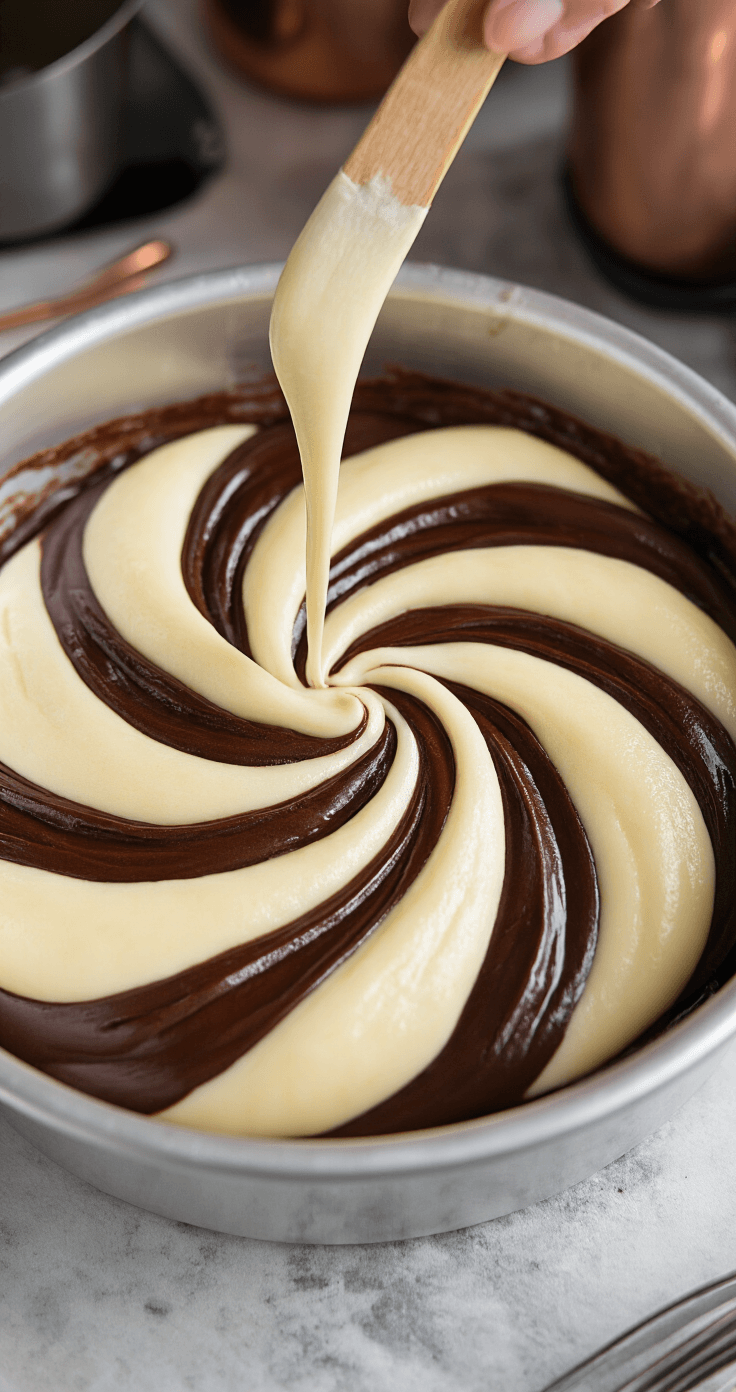 Keto Chocolate Swirl Cake: Marmercake Zonder Suiker Die Je Nóóit Meer Wilt Missen Actieclose-up van het moment waarop marmerpatronen worden gemaakt in een ronde aluminium cakepan, met een houten satéprikker die elegante S-vormen trekt door romige vanille- en rijke chocoladedessertmix.