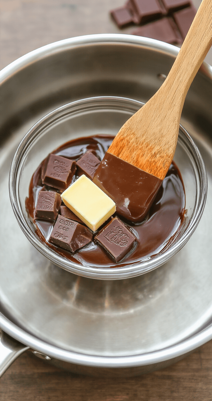 Keto Romige Chocolade Truffels – Suikervrij en Simpel Close-up van een glazen kom boven dampend water, met gesmolten 85% chocolade en grasboter. Stoom stijgt op, terwijl natuurlijk licht de chocolade verlicht. Een houten spatel rust tegen de kom, omgeven door een wazige moderne keuken.