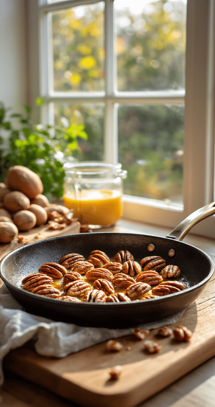 Keto Pecan Pie Bites: De Ultieme No-Bake Koolhydraatarme Snack Close-up van gouden pecannoten in een gietijzeren pan met gesmolten boter, omringd door warme namiddaglicht.