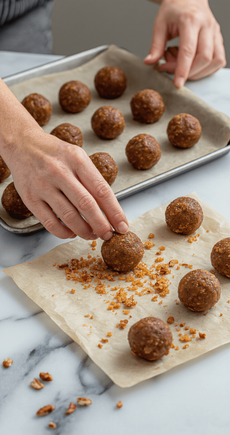 Keto Pecan Pie Bites: De Ultieme No-Bake Koolhydraatarme Snack Handen rollen perfecte balletjes van een dadel-pecannoten mengsel op een marmeren werkblad, met een bakplaat vol bites op de achtergrond.