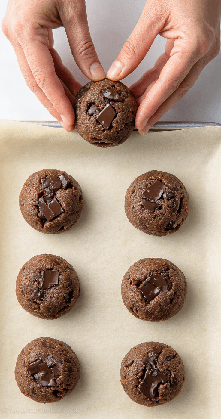 Keto Chocolade Havermoutkoekjes: Suikervrij en Koolhydraatarm Genieten Handen drukken porties keto-koekdeeg plat op een met bakpapier beklede bakplaat, met perfect ronde vormen en zichtbare chocoladestukjes in het donkere mengsel. Gouden namiddaglicht benadrukt de textuur van het rauwe deeg, dat een iets korrelige consistentie heeft door de amandelmeel. Meerdere gevormde koekjes met een nauwkeurige afstand van 5 cm tussen elk. Een glazen bodem wordt gebruikt om de koekjes te verflakken, wat zorgt voor een uniforme dikte. Professionele bakopstelling met een tweede voorbereide bakplaat op de achtergrond.