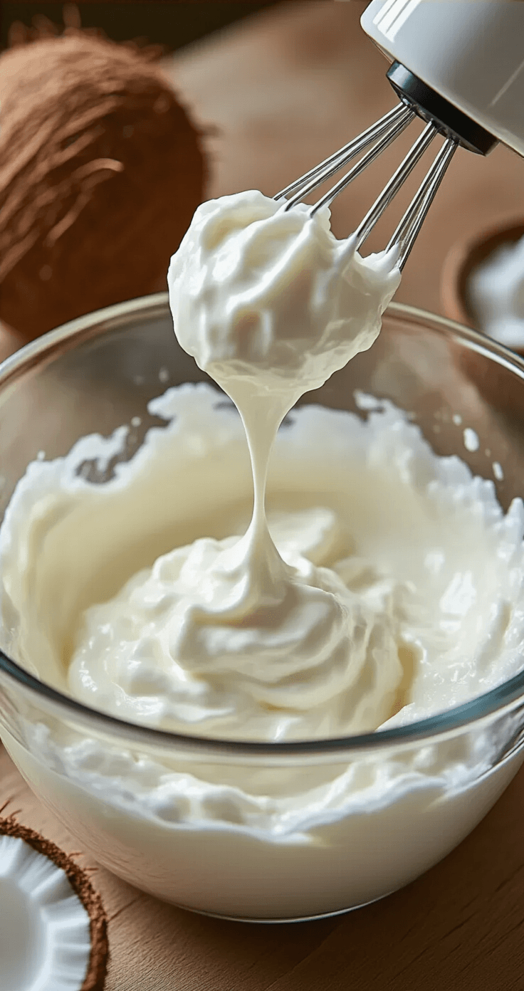 Keto Romige Bosbessenparfait Close-up van een glazen mengkom met dikke, witte kokosroom die met een elektrische mixer wordt geklopt, met zachte pieken en druppeltjes op de kom. Op de achtergrond ligt een opengescheurd vanillestokje en een kom met kristallen erythritol, alles verlicht door natuurlijk daglicht op een houten keukentafel.