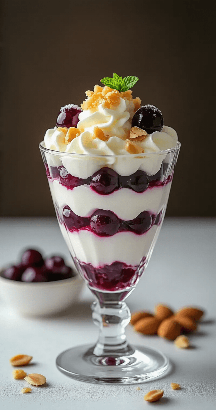 Keto Romige Bosbessenparfait Een dessertglas met lagen van witte kokosroom en dieppaarse bosbessen, versierd met gehakte gouden amandelen, op een witte marmeren ondergrond met losse bessen en muntblaadjes eromheen, onder zachte verlichting.