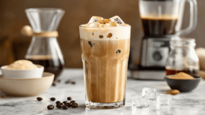 Keto Koffie-Ijs: Romig, Suikervrij en Perfect voor Zomerse Dagen Een close-up van een glas bulletproof iced coffee met een romige schuimlaag, glanzende ijsblokjes, en druppels MCT-olie, gefotografeerd op een marmeren aanrecht met amandelmelk en slagroom op de achtergrond, verlicht door warme gouden lichtinval.
