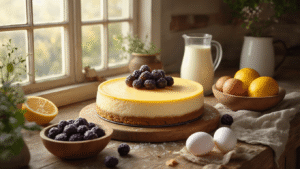 Keto Bosbessen Cheesecake – Suikervrij, Romig en Onweerstaanbaar Lekker Warm keuken met ochtendlicht, rustiek houten aanrecht vol ingrediënten voor keto bosbessen cheesecake: romige roomkaas, amandelmeel, verse bosbessen, citroenen, eieren en erythritol, met een springvorm en een kleine steelpan met bosbessensaus. Cinematische belichting benadrukt de texturen.
