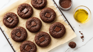 Keto Chocolade Havermoutkoekjes: Suikervrij en Koolhydraatarm Genieten Vers gebakken keto chocolade havermoutkoekjes op bakpapier met zichtbare chocoladestukjes, omringd door amandelmeel en cacaopoeder op een marmeren aanrecht, verlicht door warm gouden namiddaglicht.