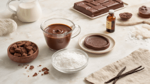 Keto Chocoladerepen: Suikervrije Chocolade die Je Ketose Niet Verstoort Een close-up van een artisanale keuken met marmeren aanrecht, waarin gesmolten cacaoboter, donkere keto-chocolade in siliconen vormen en ingrediënten zoals erythritol en cacaopoeder zijn uitgestald, verlicht door zachte ochtendzon.