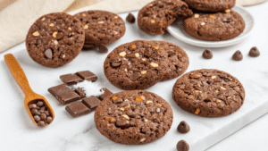 Keto Chocoladechips Koekjes – Knapperig, Koolhydraatarm en Klaar in 30 Minuten Gouden knapperige keto chocoladechips koekjes met smeltende chocoladestukjes op een wit marmeren oppervlak, omringd door amandelmeel, erythritol en kokosmeel, verlicht door zachte ochtendzon, op een zwart draadrek in een gezellige keukenomgeving.