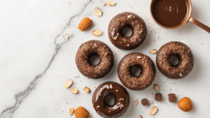 Keto Chocolade Donuts – Laagkoolhydraat en Onweerstaanbaar Lekker Cinematografisch bovenaanzicht van keto chocolade donuts met glanzende chocoladeglazuur, verspreid met amandelmeel en cacaopoeder, in natuurlijke ochtendlicht op een wit marmeren oppervlak, met zeezout en gehakte amandelen als garnering.