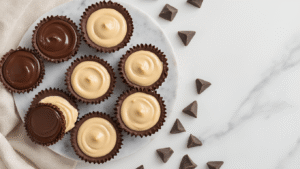 Keto Chocolade-Pindakaas Cups Cinematografisch bovenaanzicht van keto chocolade-pindakaas cups op een wit marmeren aanrecht, met gesmolten suikervrije chocolade, natuurlijke pindakaas, witte erythritol kristallen, kokosolie, en roze siliconen vormpjes, verlicht door zachte natuurlijke lichtval en gegarneerd met zeezoutvlokken.