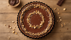 Keto Chocolade Tart: Rijke, Romige en Verdomd Lekker Cinematografisch bovenaanzicht van een elegante keto chocolade tart met een gouden amandelmeel korstje en glanzende chocolade ganache, vergezeld van verse frambozen, hazelnoten en zeezout, op een rustieke houten achtergrond.