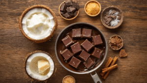 Keto Kokos Fudge – Suikervrij, Romig en Klaar in 30 Minuten Rustiek houten aanrecht met ingrediënten voor keto kokos fudge, waaronder dikke kokosmelk, gehakte chocolade, kokosvlokken en zeezout, onder warme verlichting; antiaanbak pan met gesmolten chocolade-kokosmengsel en houten lepel, uitnodigende keukenomgeving.