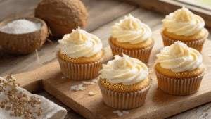 Keto Kokos Cupcakes: Laagkoolhydraat Hemels Gebak Gouden keto kokos cupcakes met luchtige kokosroom frosting op een rustiek eiken aanrecht, omringd door ingrediënten zoals amandelpoeder, Swerve zoetstof en kokosmelk, met zachte ochtendlicht en schaduwen.