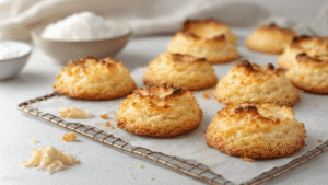 Keto Kokosmakronen: Zalig Zoet en Bijna Zonder Koolhydraten Goudbruine keto kokosmakronen op wit bakpapier met een perfecte textuurcontrast, omringd door ingrediënten zoals verse kokosrasp, een flesje vanille-extract en erytritol kristallen, in warme cinematische belichting en macro detail focus.