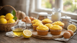 Keto Citroen Muffins: Luchtig, Fris en Zonder Suiker Warme Nederlandse keuken met ingrediënten voor keto citroenmuffins op een rustieke houten tafel, inclusief glanzende citroenen, microplane rasp, glazen kom met citroensap, amandelbrood en kokosbloem, zachte roomkaas, eieren in een mandje, en gesmolten boter; goudbruine muffins op een vintage afkoelrek met luchtige textuur, zachte ochtendlicht en bokeh effect voor een huiselijke sfeer.
