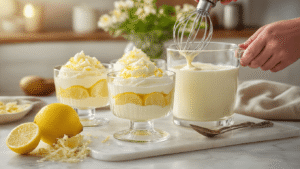 Keto Limoen-Mousse: Verfrissend, Romig en Klaar in 15 Minuten Een professionele keuken met warm natuurlijk licht, een elektrische handmixer klopt slagroom in een grote glazen kom, terwijl elegante dessertglazen met romige limoenmousse en verse slagroom zijn uitgestald op een marmeren aanrecht, omringd door frisse limoenen en vintage zilveren lepels.