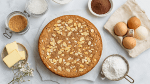 Keto Chocolate Swirl Cake: Marmercake Zonder Suiker Die Je Nóóit Meer Wilt Missen Bovenaanzicht van een wit marmeren aanrecht met keto marmercake ingrediënten, waaronder gouden amandelmeel, erythritol, biologische eieren, Europese boter, cacaopoeder en vanille extract, sfeervol verlicht met warme natuurlijke lichtinval en rustieke styling elementen.