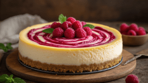 Keto Frambozentaart: De Ultieme Koolhydraatarme Dessertgids Cinematische close-up van een elegante keto frambozen cheesecake met roze frambozen swirls, goudbruine amandelmeel bodem, verse frambozen en muntblaadjes, geschaafde witte chocolade, op een rustieke houten ondergrond.