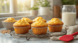 Keto Roomkaas Muffins: Simpel, Smaakvol en Perfect Koolhydraatarm Gouden keto roomkaas muffins op een vintage draadkoelrek, gestoomd en luchtig, met een opengebroken muffin die textuur en kaaspockets onthult, omgeven door warme ochtendzonlicht en een keramische mengkom met ingrediënten op een marmeren aanrecht.