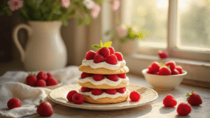 Keto Aardbeien Shortcake: Het Perfecte Zomerdessert Zonder Suiker Keto aardbeien shortcake op een vintage bord, met amandelmeel cakelagen, slagroom, en glanzende aardbeien, verlicht door warm zonlicht, met rustieke achtergrond en koperkleurig bestek.