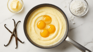 Keto Vanille-ijs: Romig, Suikervrij en Onweerstaanbaar Lekker Cinematische overhead shot van een romige keto vanille-ijsbereiding op een wit marmeren keukenblad, met dampende custard in een roestvrijstalen pan en ingrediënten zoals geklutste eidooiers, erythritol kristallen en verse vanillestokjes.