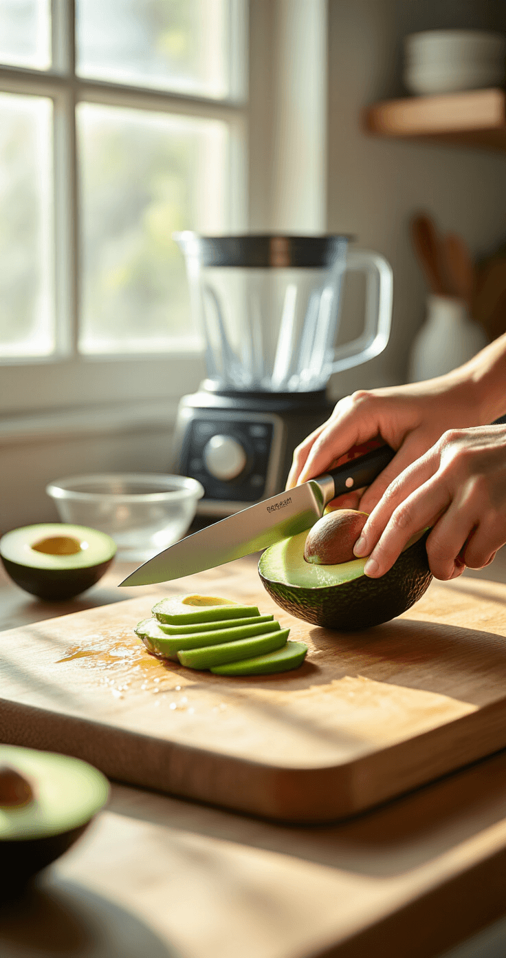 Keto Chocolade-Avocadomousse: Romig Dessert in 10 Minuten Close-up macro shot van handen die voorzichtig een perfecte avocado snijden met een scherp koksmes op een rustiek houten snijplank, met zachte ochtendlicht dat door een keukenraam stroomt.