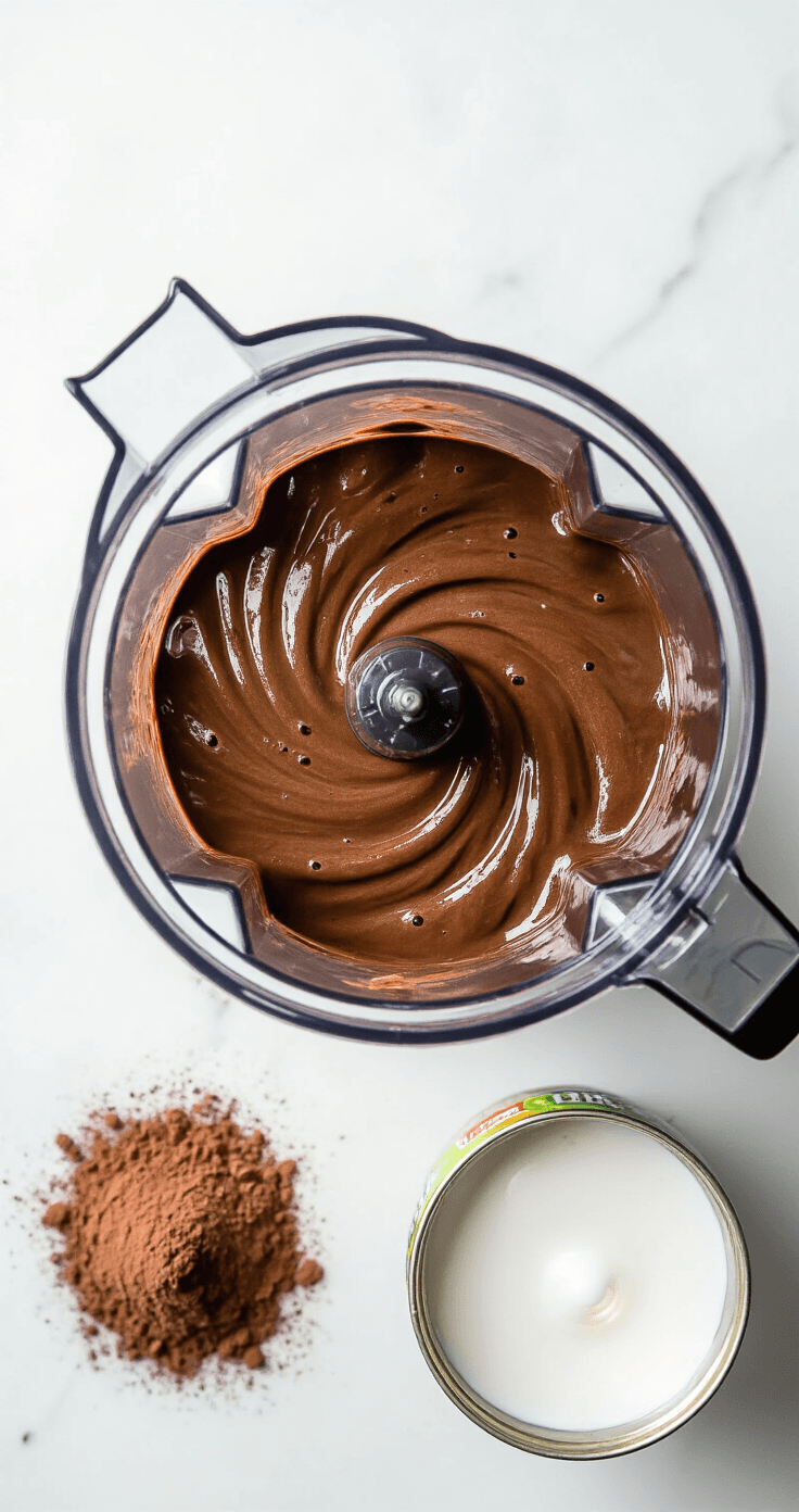 Keto Chocolade-Avocadomousse: Romig Dessert in 10 Minuten Dynamisch bovenaanzicht van een krachtige blender vol rijk, donker chocolade mengsel, met een fascinerend draaipatroon; ingrediënten rondom: cacaopoeder, een fles vanille-extract en een blik kokosmelk. Natuurlijk daglicht benadrukt het contrast tussen het donkere mengsel en de witte marmeren ondergrond.