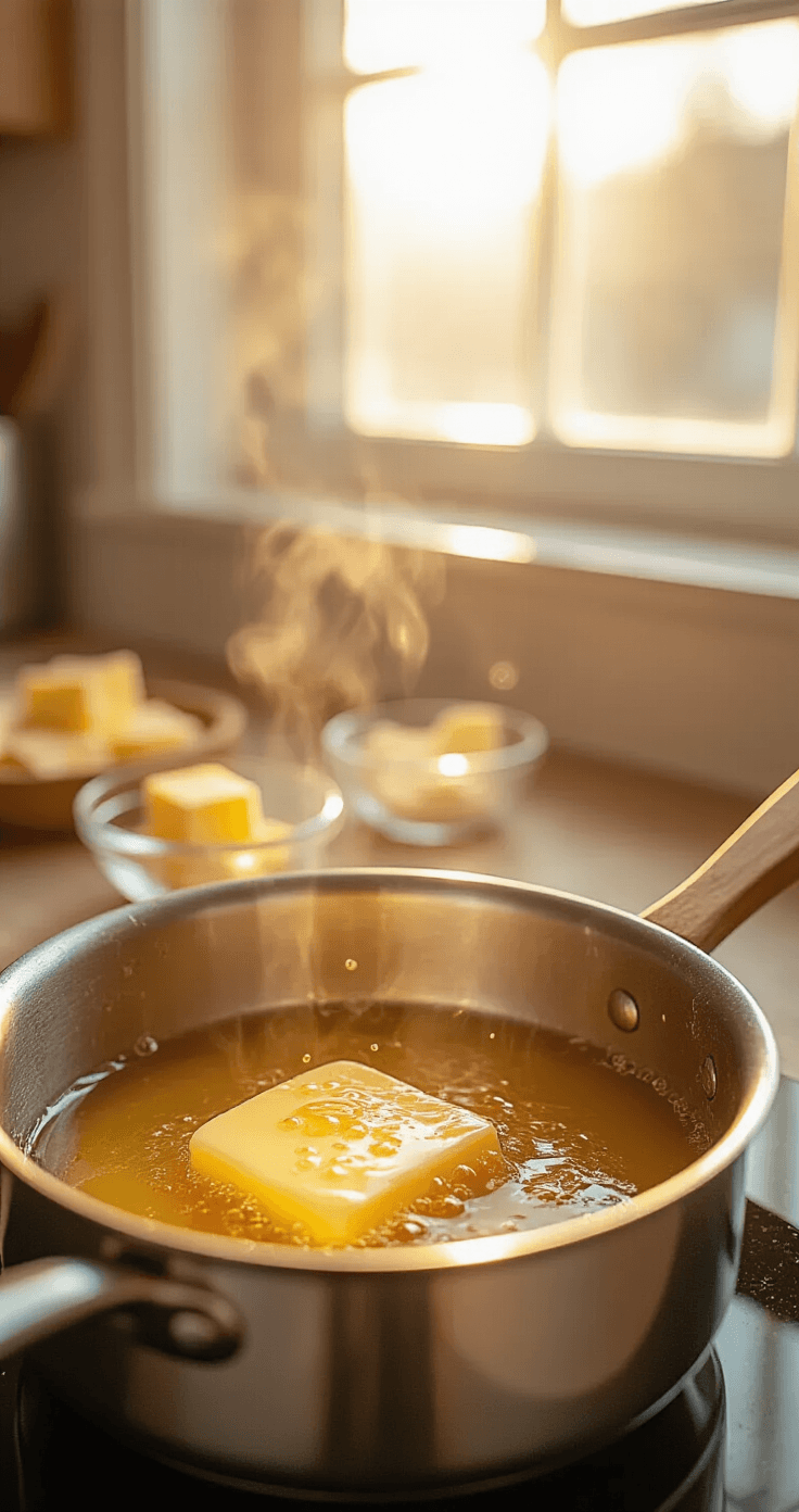 Keto Caramel Fat Bombs: Het Perfecte Suikervrije Tussendoortje Extreme close-up van gesmolten boter in een roestvrijstalen pan, met dansende bubbels en stoom die omhoog komt, verlicht door warm middaglicht. De boter bruint aan de randen, met een houten lepel aan de rand van de pan. Achtergrond van zacht vervaagd aanrecht met ingrediënten in glazen schaaltjes.