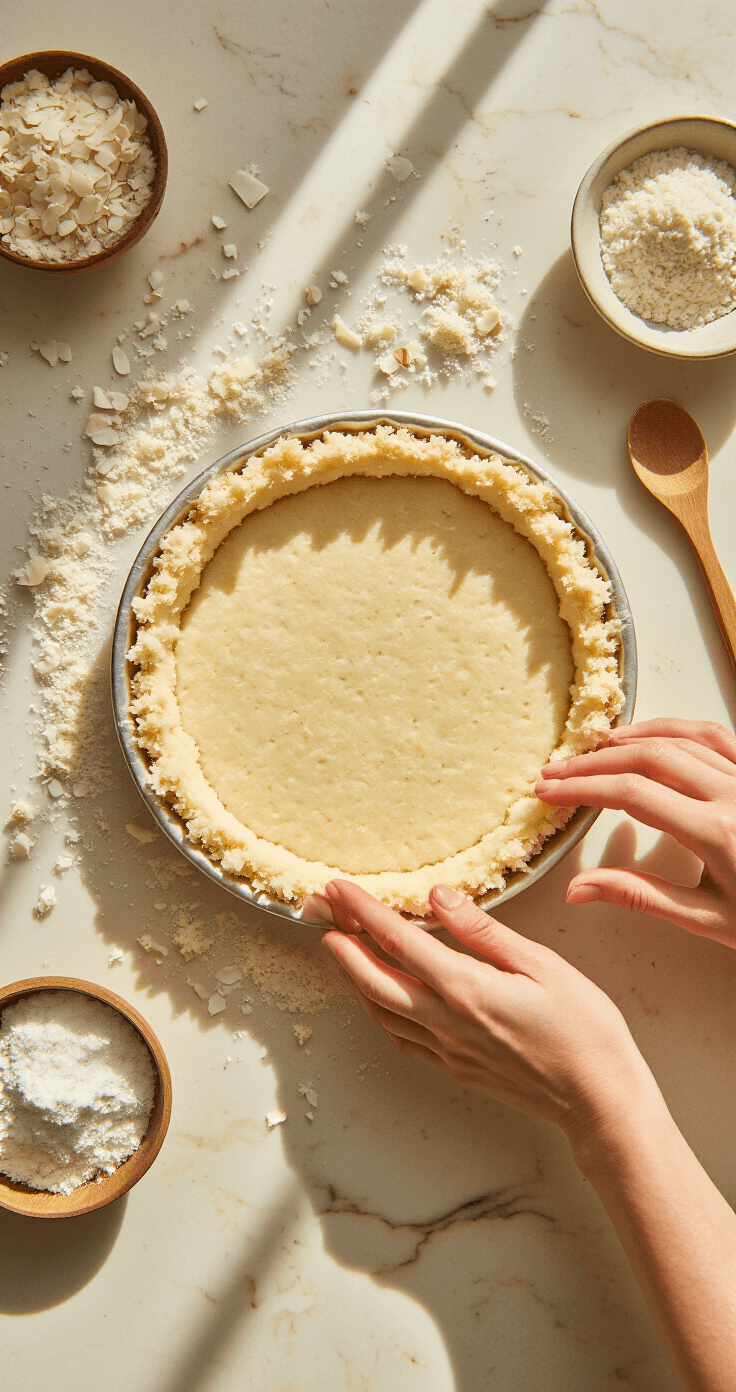 Keto Kokosroomtaart: Hemels Romig en Suikervrij Bovenaanzicht van handen die een mengsel van amandel-kokoskorst in een 23 cm springvorm drukken, met gouden kruimels die stevig tegen de zijkanten worden gedrukt, terwijl natuurlijk middaglicht door een keukenraam stroomt en zachte schaduwen creëert. Marmeren aanrecht zichtbaar met verspreide amandelmeel en kokosvlokken, een vintage houten lepel in de buurt. Warme beige en crèmekleurige palet, ondiepe scherptediepte gericht op de drukactie, fijne textuur van de korst zichtbaar met een grove amandelmeelconsistentie, lichtstofdeeltjes zweven in de zonnestraal, rustieke maar verfijnde keukatmosfeer.