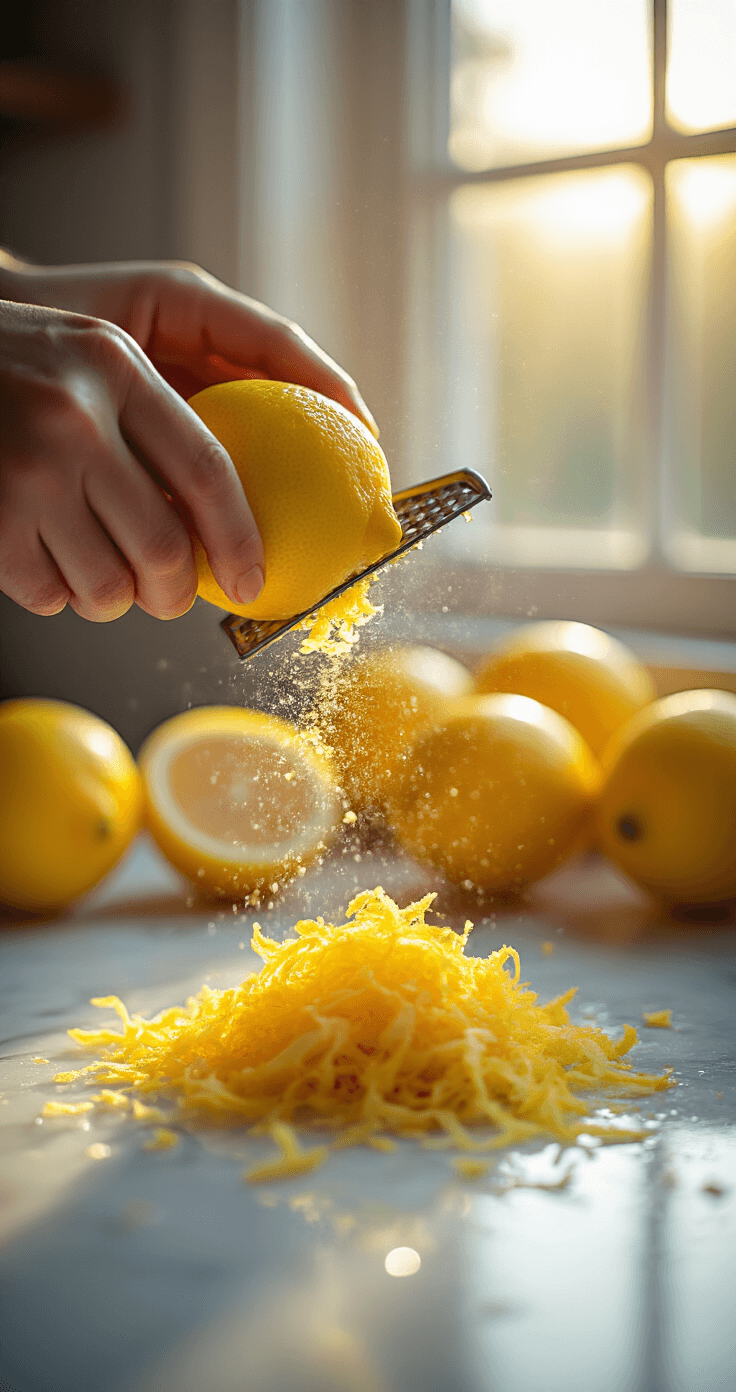 Keto Citroen Fat Bombs – Verfrissende No-Bake Keto Traktatie Extreme close-up van biologische citroenen die op een fijne microplane worden gezestrooid, met citrusoliën die in de lucht spuiten en een aromatische mist creëren. Natuurlijk ochtendlicht stroomt door het keukenraam, waardoor de doorschijnende citroenschilkettingen mooi worden verlicht op een wit marmeren aanrecht. Een hoop vers geraspte citroenschil verzamelt zich eronder, terwijl druppels essentiële oliën glinsteren op de metalen rasp. Op de achtergrond wachten hele citroenen hun beurt, hun wasachtige schil weerspiegelt het gouden uurlicht. De scène roept frisheid op door de zichtbare textuur van de dimpled oppervlakte van de citroen en de fijne, pluizige zest-ribbons.