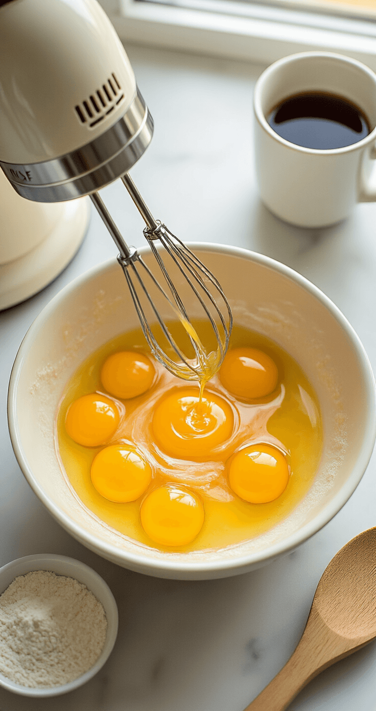 Keto Amandelmeel Cakejes: Mijn Foolproof Recept voor Fluffy, Suikervrije Perfectie Close-up van gouden eidooiers die in een witte keramische mengkom worden geklopt, met romige swirls en een druppel amandelextract, zachte ochtendlicht dat door het keukenraam stroomt, een houten lepel op de marmeren countertop, fijne poedersuiker zichtbaar, stoom van een koffiekop op de achtergrond, ondiepe scherptediepte die de transformatie van gescheiden dooiers naar een pale gele room benadrukt, een vintage handmixer gedeeltelijk zichtbaar, warme amber-tinten domineren de scène.