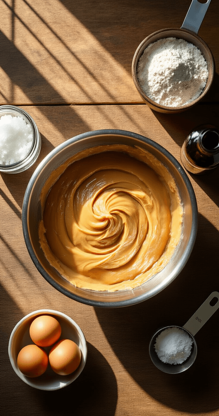 Keto Pindakaas-Chocolade Koekjes: Suikervrij en Onweerstaanbaar Lekker Bovenaanzicht van een rustieke houten keukentafel met ochtendlicht en schaduwen. Een roestvrijstalen kom bevat romige natuurlijke pindakaas gemengd met gesmolten kokosolie, omringd door ingrediënten zoals een glazen pot met erythritolkristallen, verse bruine eieren in een keramisch schaaltje, een maatbeker met kokosmeel, en een donkere fles vanille-extract. Een houten lepel rust tegen de rand van de kom.