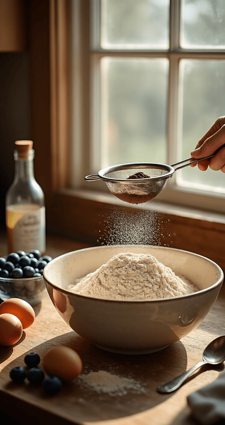 Keto Chocolade-Bosbessen Muffins: Sappig, Suikervrij en Klaar in 35 Minuten Een rustieke houten keuken met een grote keramische mengkom gevuld met amandelmeel en donkere cacaopoeder die door een zeef wordt gezeefd. Vers blauwe bessen en gouden eieren liggen naast een fles pure vanille-extract. Er zijn maatlepels, een garde en muffinvormen op de achtergrond, terwijl stoom van een koffiekopje zichtbaar is, wat een gezellige bakervaring op een zondagmorgen oproept.