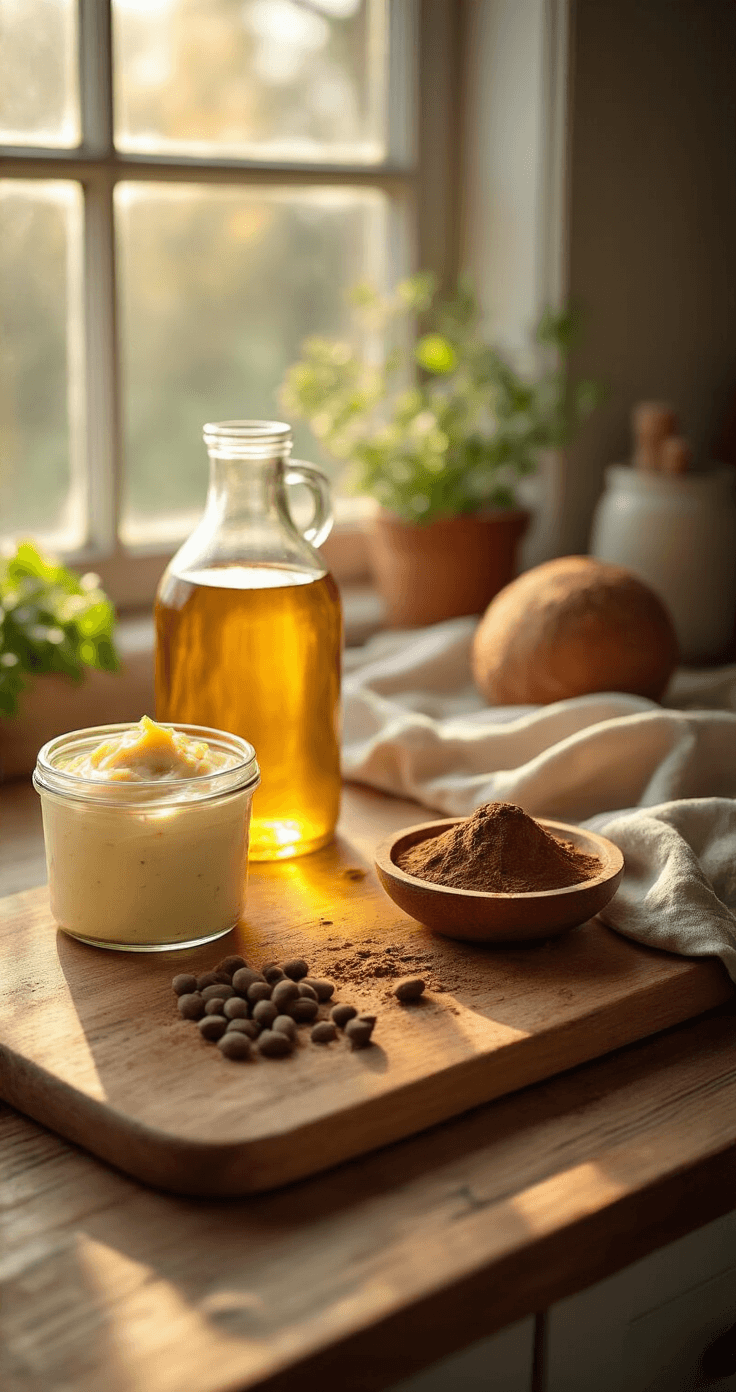 Keto Fat Bombs: Jouw Ultieme Gids voor Perfect Vette Snacks Een intieme keukenscène met zachte ochtendverlichting, waar essentiële ingrediënten voor een fat bomb zijn opgesteld: romige pindakaas, vloeibare kokosolie, donker cacaopoeder, stevia druppels, kleurrijke siliconen ijsblokjesvormpjes, een houten lepel en een glazen maatbeker, omringd door warme houttinten en schaduwen die diepte geven.