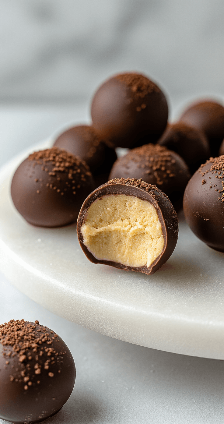 Keto Fat Bombs: Jouw Ultieme Gids voor Perfect Vette Snacks Close-up van perfect afgewerkte chocolade fat bombs op een wit marmeren dienblad, met doormidden gebroken exemplaren die de romige binnenkant tonen, omringd door een wazige vriezer op de achtergrond.