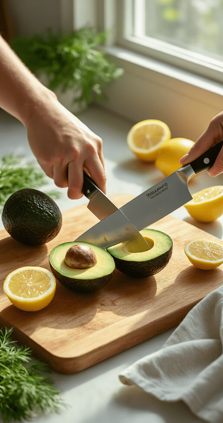Avocado Gevuld met Zalm en Roomkaas: Het Ultieme Koolhydraatarme Recept Dichtbij opname van een keukenblad met twee rijpe Hass-avocado's die doormidden worden gesneden door ervaren handen met een scherpe Japanse santoku-mes, verlicht door natuurlijk ochtendlicht. Één avocado is al open, met perfect geelgroen vruchtvlees en een donkere pit. In de buurt liggen verse dille takjes en citroenhelften.
