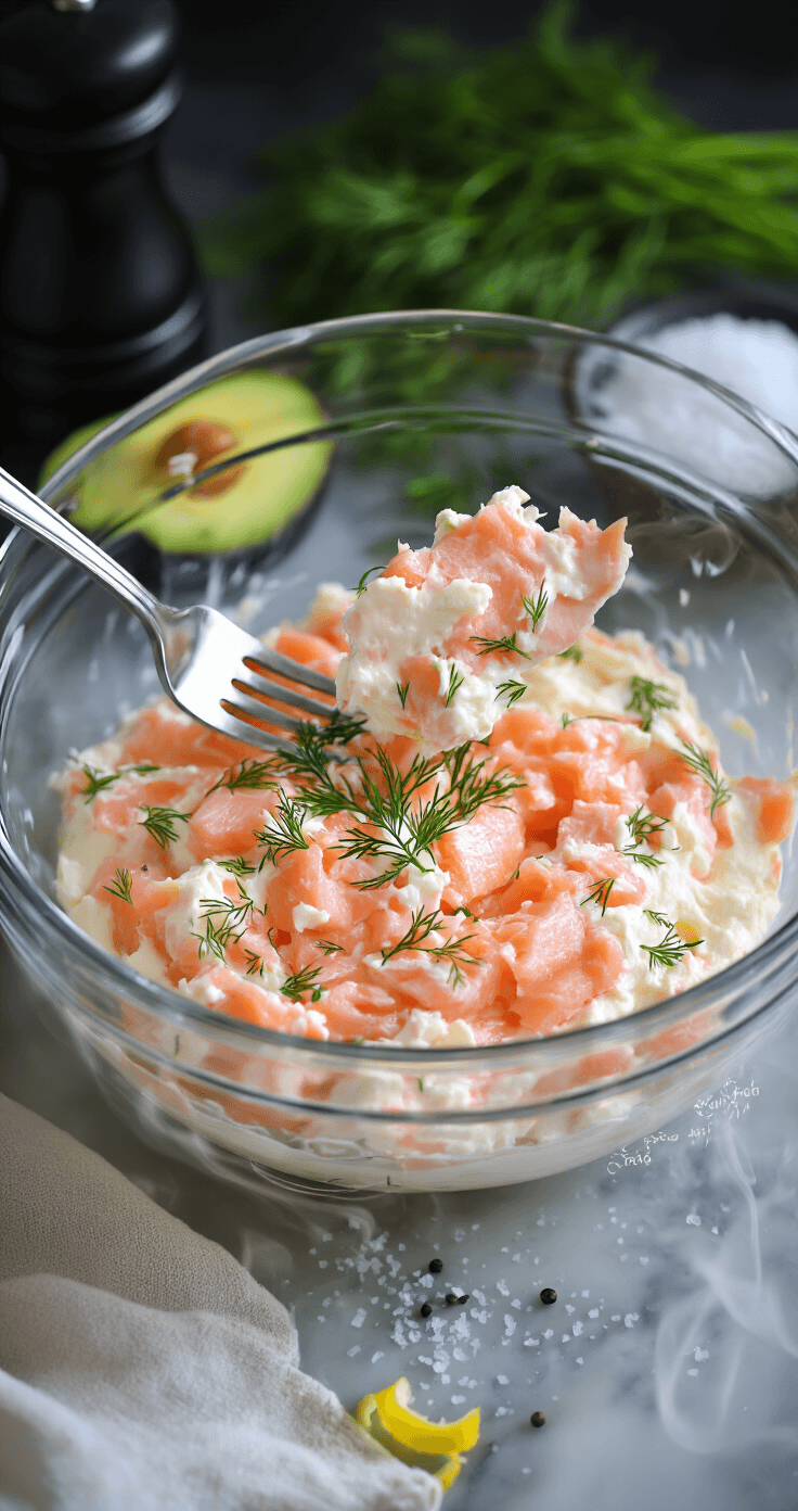 Avocado Gevuld met Zalm en Roomkaas: Het Ultieme Koolhydraatarme Recept Intieme macroopname van een glazen mengkom met een pale roze zalm-roomkaasmengsel, waarbij chunks van gerookte zalm zichtbaar zijn. Verse dille wordt eroverheen gestrooid, met een bewegingseffect. Natuurlijk daglicht verlicht de glanzende textuur van de roomkaas. Groene stukjes avocado voegen kleur toe. Zwart pepermolen en zeezoutvlokken op de achtergrond. Citroenrasp versiert de rand van de kom. Stoomdamp suggereert verse ingrediënten.