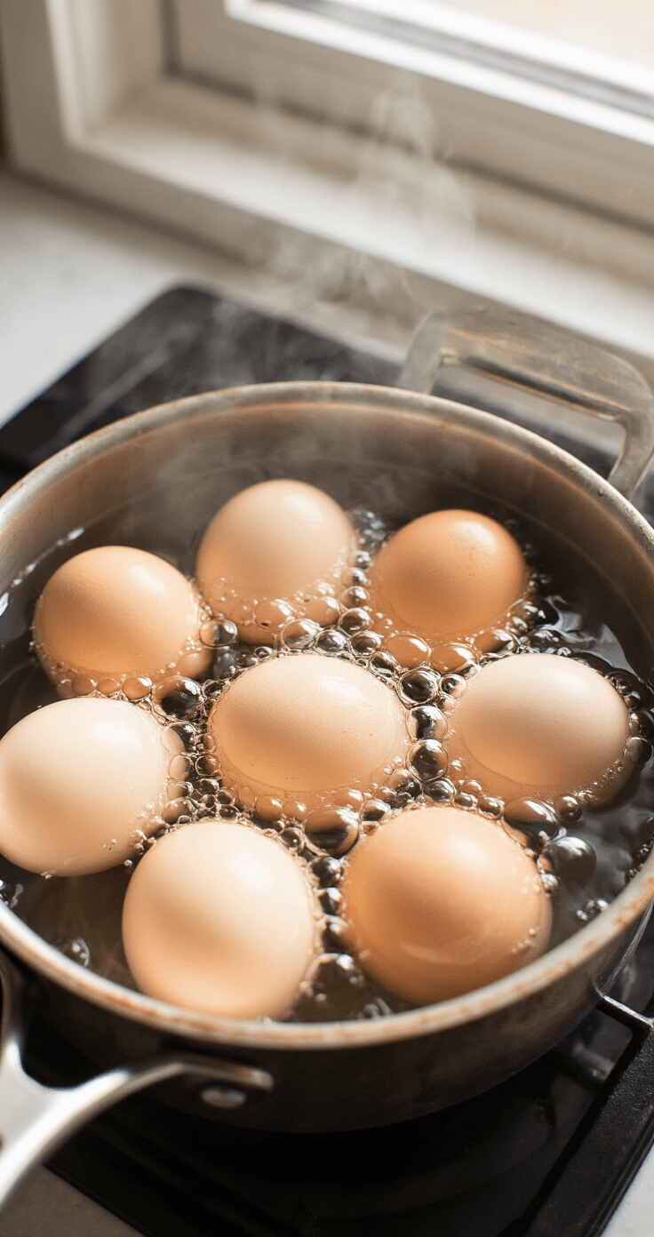 Eiersalade met Mayonaise en Spek: Krokant, Romig en Klaar in 20 Minuten Een close-up van zes bruine eieren die rustig koken in een roestvrijstalen pan, omringd door stoom en helder kokend water, met warm natuurlijk licht dat door een keukenraam valt.