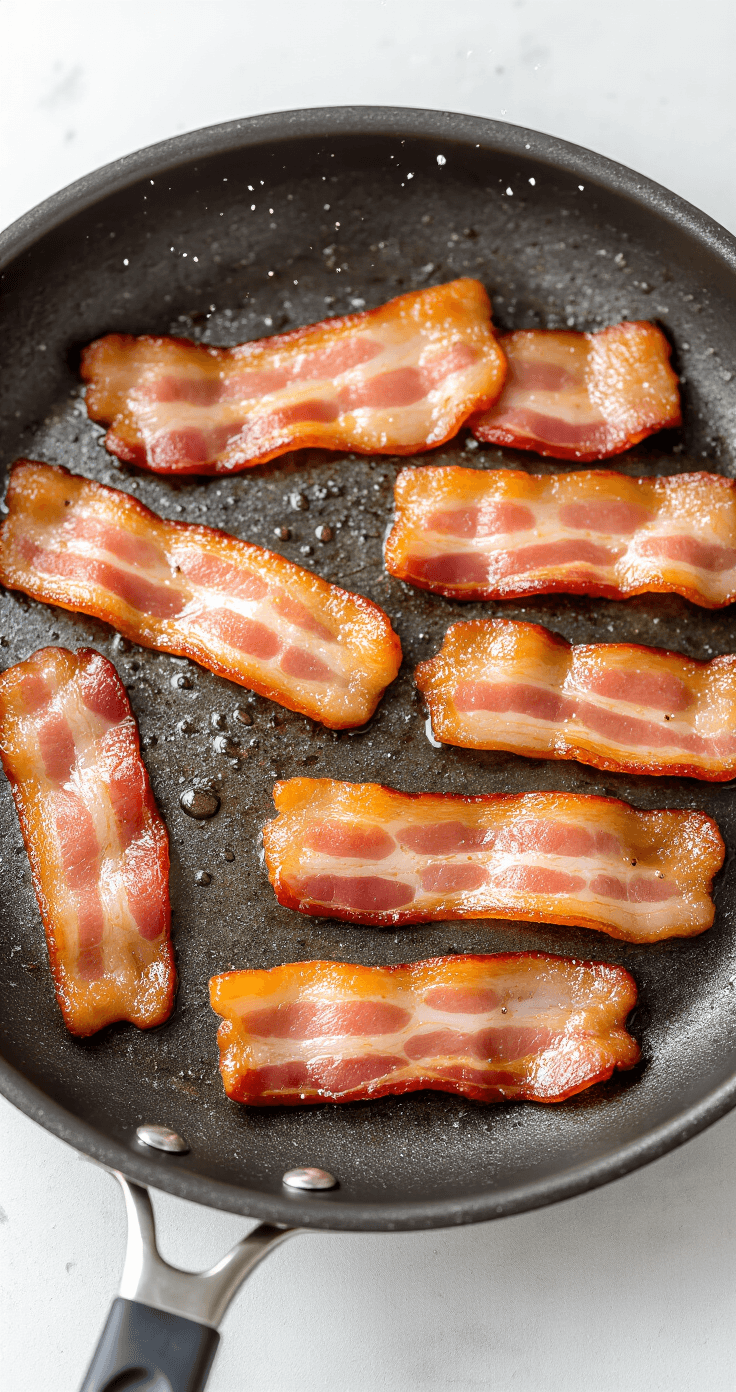 Eiersalade met Mayonaise en Spek: Krokant, Romig en Klaar in 20 Minuten Zes plakken goudbruin bakend spek in een koekenpan, met krokante textuur en spetterend vetsap, naast een houten spatel en keukenpapier.