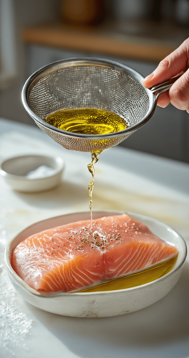 Tonijnsalade met Olijfolie en Kappertjes: Simpel, Snel en Verdomd Lekker Close-up van een metalen zeef boven een witte kom, met goudgele olijfolie die uit een blik tonijn druppelt, roze glanzende tonijnvlokken zichtbaar. Een vork drukt op de vis, terwijl natuurlijk daglicht zachte schaduwen werpt op het aanrecht. Op de achtergrond verse peterselie, een halve citroen en kappertjes.